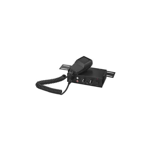 AMPLI PUBLIC ADRESS 15W POUR VEHICULE - ALIMENTATION 12-15VDC - AVEC PATTES DE FIXATION ET MICRO - 1 ENTREE LIGNE ET 1 ENTREE MI