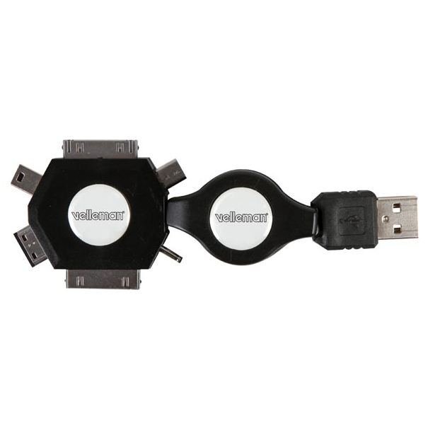 CÂBLE DE CHARGE USB RÉTRACTABLE - 6 EN 1 - MÂLE/MÂLE - NOIR - 53cm