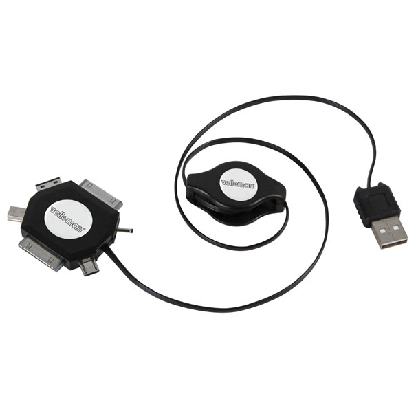 CÂBLE DE CHARGE USB RÉTRACTABLE - 6 EN 1 - MÂLE/MÂLE - NOIR - 53cm
