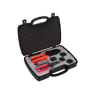 PINCE A SERTIR POUR COAX. COFFRET AVEC 5 MACHOIRES / COUPE CABLE ET DENUDEUR.