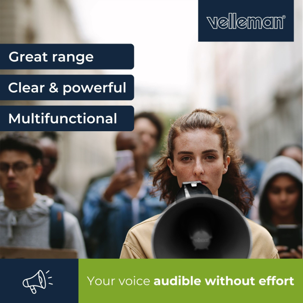 Mégaphone puissant de 50W, sirène intégrée, enregistrement, réglage du volume, lecture Bluetooth, microphone à main et prise MP3