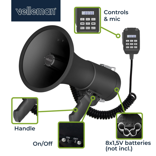 Mégaphone puissant de 50W, sirène intégrée, enregistrement, réglage du volume, lecture Bluetooth, microphone à main et prise MP3