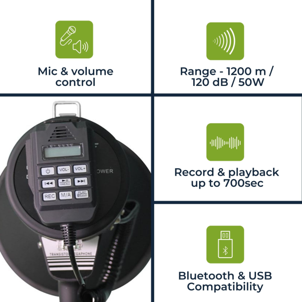 Mégaphone puissant de 50W, sirène intégrée, enregistrement, réglage du volume, lecture Bluetooth, microphone à main et prise MP3