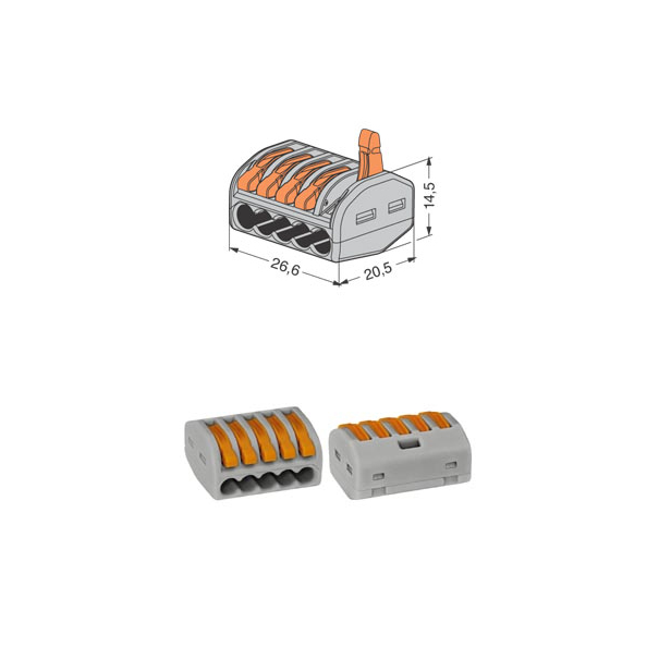 BORNE WAGO 5 CONTACTS POUR CABLE MONO BRIN ET MULTI BRIN DE 0,08 à 4mm²