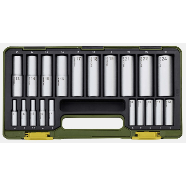COFFRET DE 20 DOUILLES ALLONGEES PROXXON 1/2" : 13 - 14 - 15 - 16 - 17 - 18 - 19 - 21 - 22 - 24mm1/4" : 4 - 5 - 5.5 - 6 - 7 -