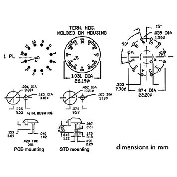 COMMUTATEUR ROTATIF 1 CIRCUIT / 12 POSITIONS - COSSES A SOUDER COMMUTATEUR ROTATIF 1 CIRCUIT / 12 POSITIONS - COSSES A SOUDER