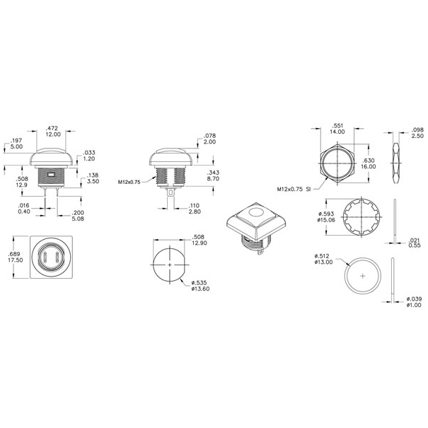 Poussoir métallique carré avec capuchon vert - 1P SPST OFF-(ON) Dernière pièce