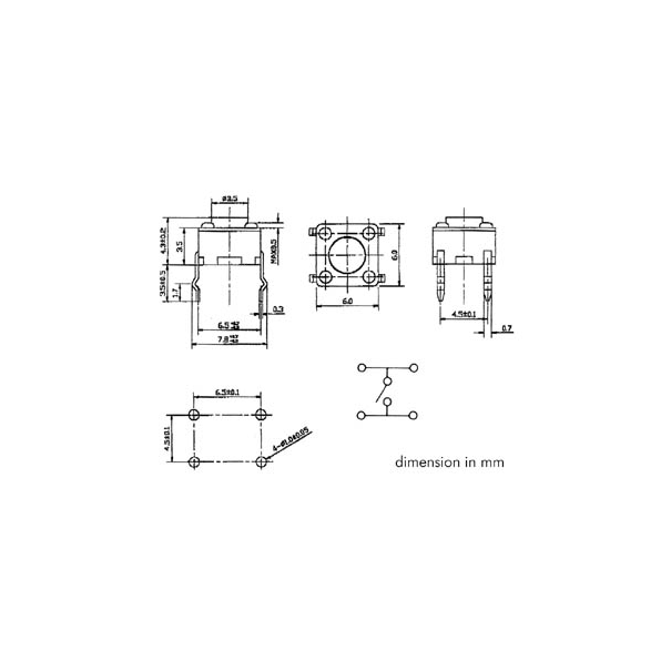 TOUCHE CONTACT 6 x 6mm HAUTEUR : 4.3mm
