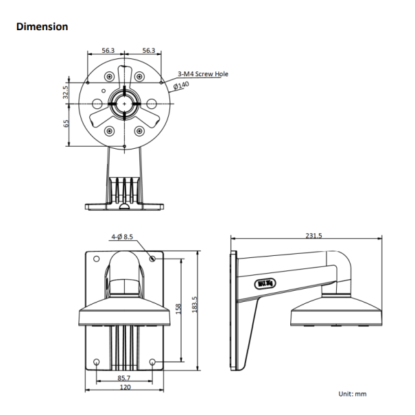 Support murale noir pour caméra Hikvision - compatible caméra dome série DS-2CC51xxP(N)