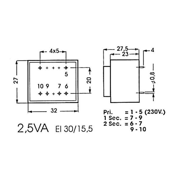 TRANSFORMATEUR MOULE  2.5VA  2 x 12V / 2 x 0.104A