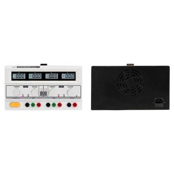 DOUBLE ALIMENTATION DE LABORATOIRE 2 x 0-30 VCC / 0-3 A + 5 VCC fixe 3 A MAX / AVEC 4 AFFICHEURS LCD.