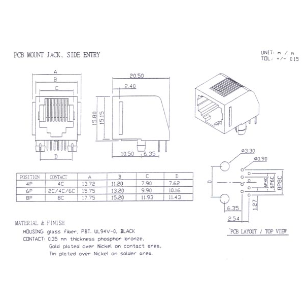CONNECTEURS MODULAIRES POUR CI RJ45 8P8C, VERSION COUDE
